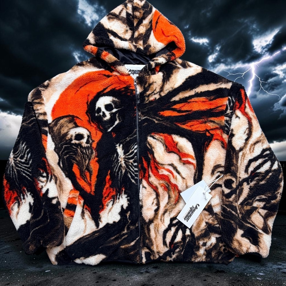Voyage Studio‎ Grim Reaper Sherpa Pullover ½ Zip Hoodie Large Skull Skeleton NWT